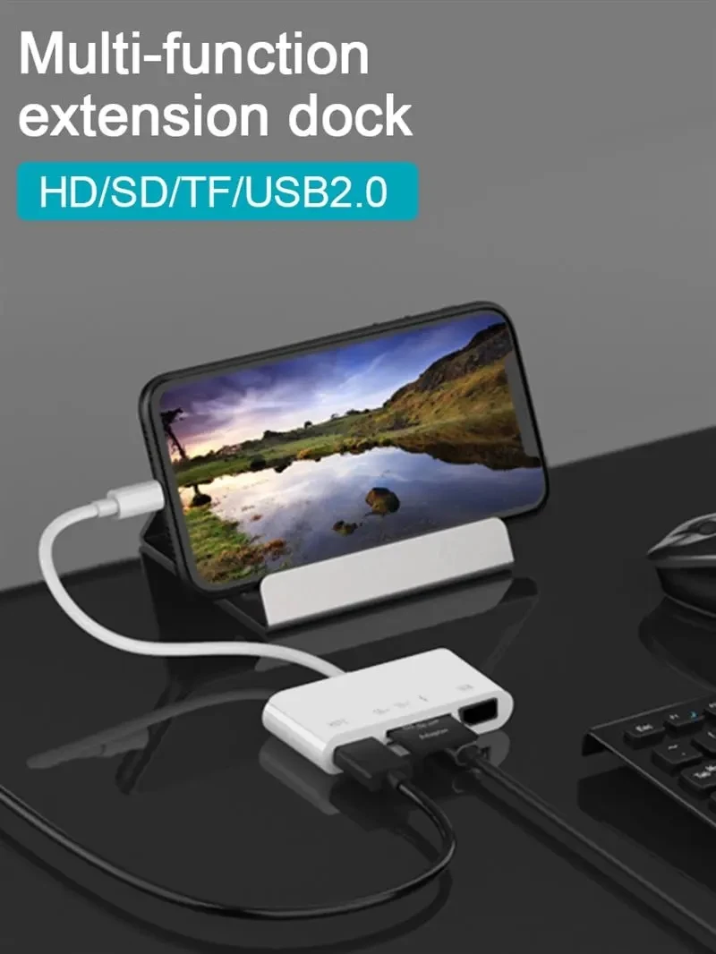 Lighting to HDMI-Compatible Adapter 2K 1080K TV USB Hub OTG Cable Charging Converter For iPhone 12 11 to SD TF Card Reader