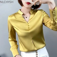 elegant fashion office lady satin shirt women clothing 2022 spring new commuter casual long sleeve loose v neck pullover blouse