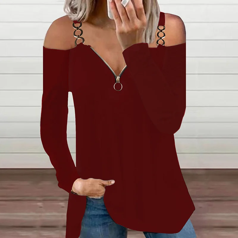 Женская футболка с длинным рукавом V-образным вырезом и открытыми плечами |
