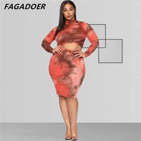 fagadoer fashion tie dye print bodycon skirt two piece sets women half turtleneck long sleeve crop top and skinny skirts outfits