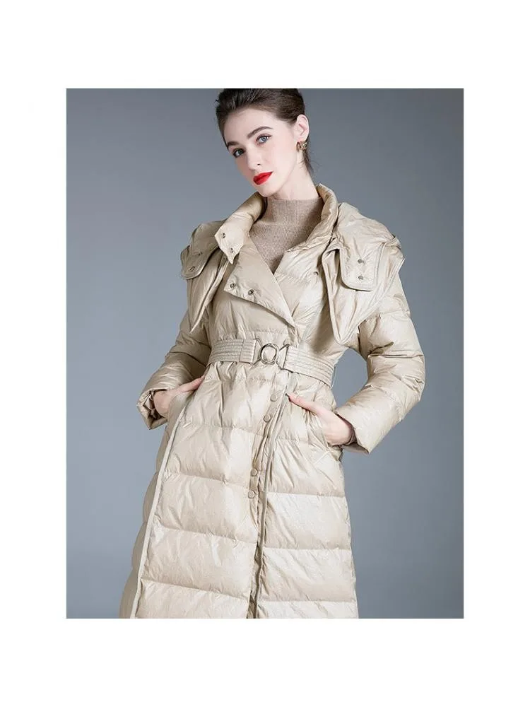 2022 Winter Hooded Long Black Thick 90 White Duck Down Coats Women High Collar Lace Up Single Breasted Windproof Warmer Jackets