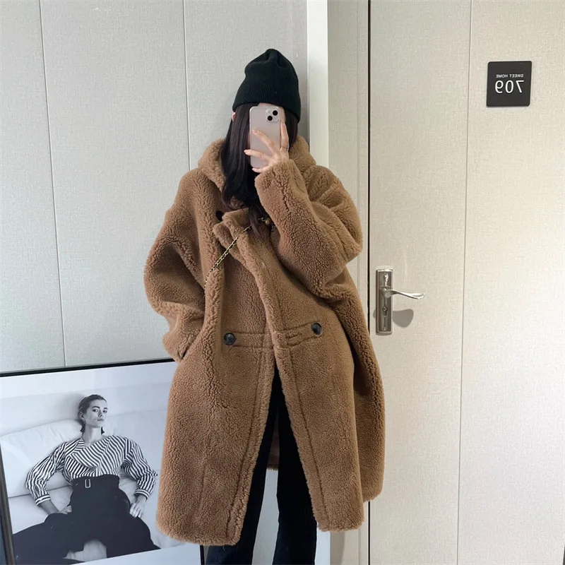 Autumn and Winter New Hooded Fur Coat Womens Medium Long Real Lamb Wool Sheep Sheared Fur Jacket Women