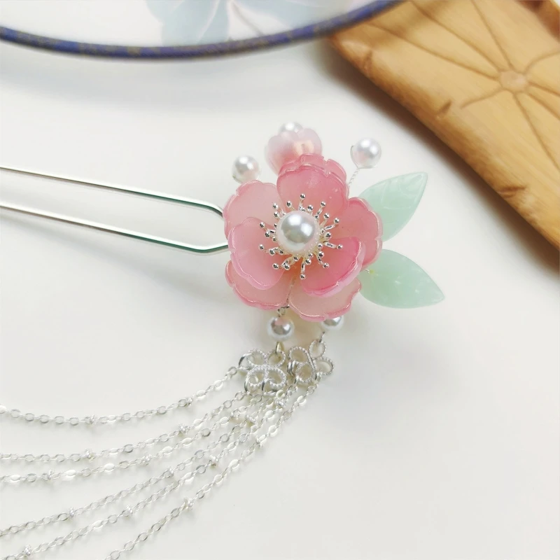 

Classic Hair Stick Chinese Traditional Flower Hairpin Elegant Pink Purple Tassel Step Shaking Hanfu Hair Accessories