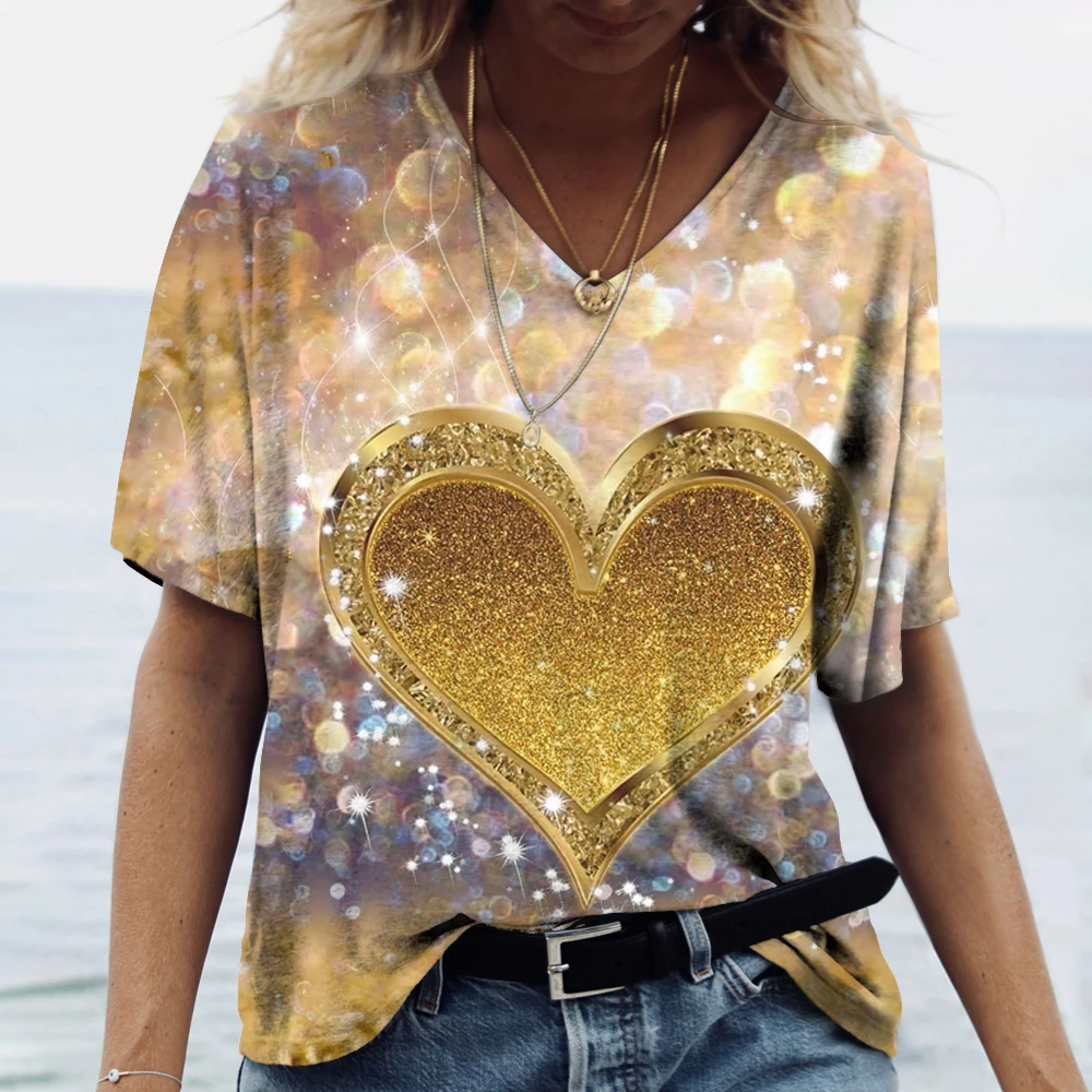 

Luxury Women's T-shirt Summer V Neck Fashion Short Sleeve Tops Girl Clothing Tees Oversized Harajuku Clothes Casual Blouse