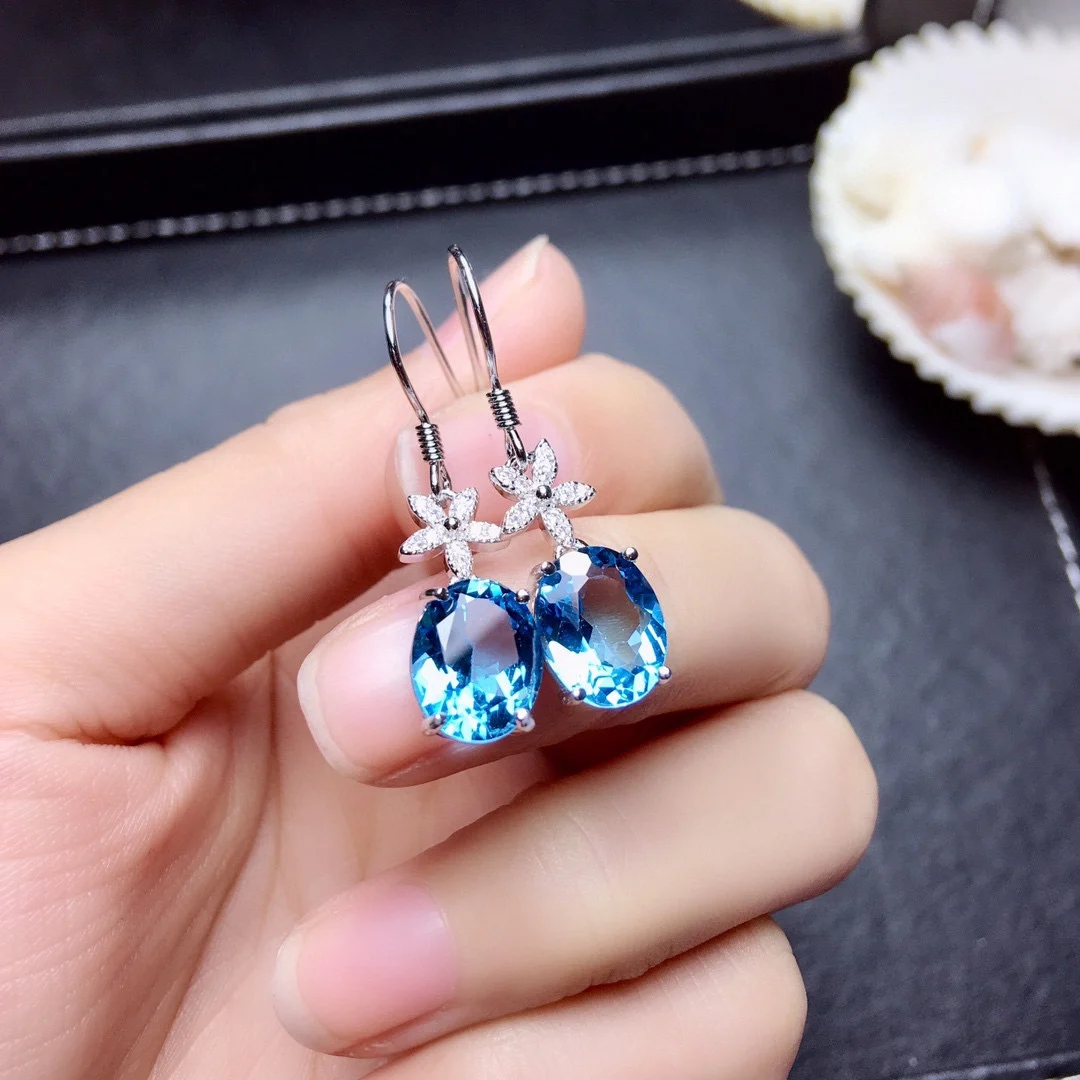 

Natural Swiss blue topaz earrings women's full body s925 silver plated 18k gold inlaid fashion simple earrings