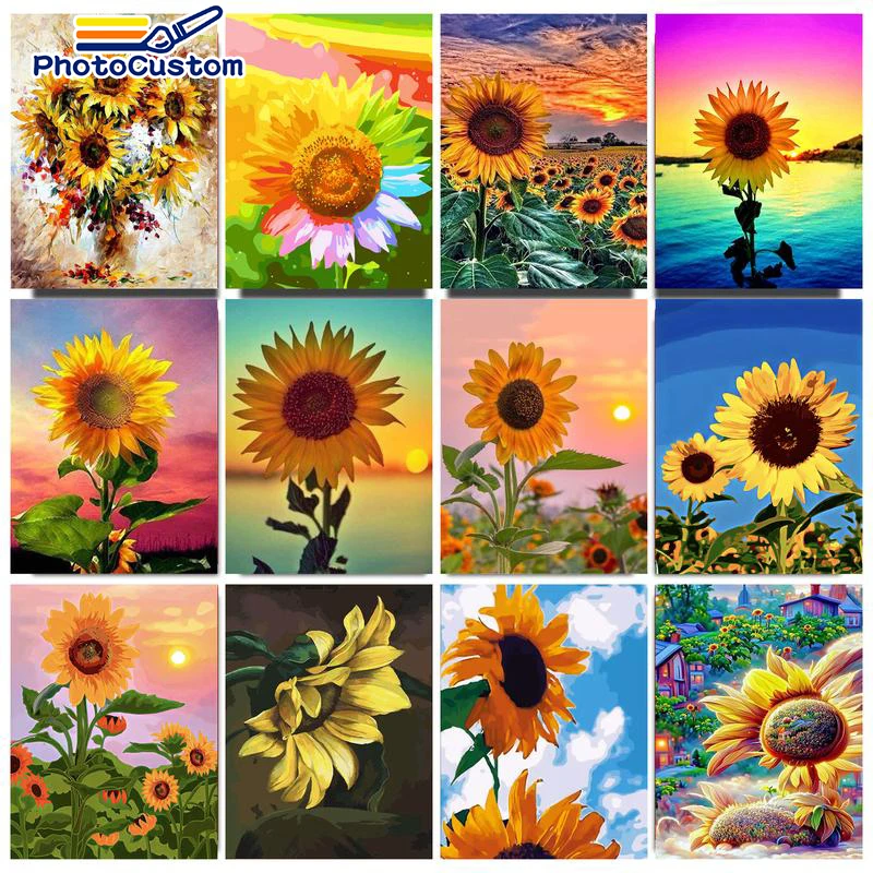 

PhotoCustom DIY Paints By Numbers Sunflowers Pictures Of Coloring Decorative Canvas Wall Artcraft Oil Painting By Number Landsca