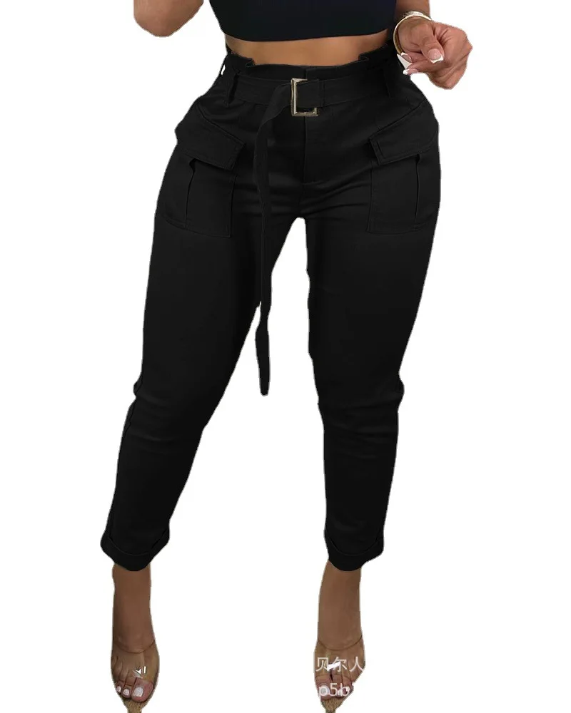 2023 New Women Pants Khaki High-waisted Overalls with Belt Casual Solid Trousers Women