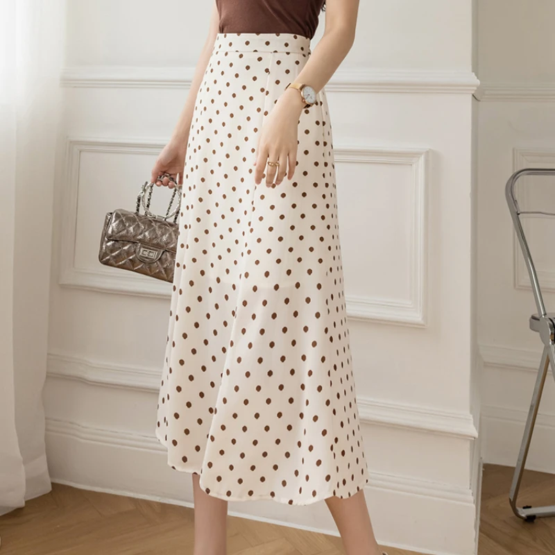 

Women 2021 Summer A-line Casual Long Skirts New Retro Polka Dot Print High Waist Mid-length Skirt Office Lady Elegant Clothing