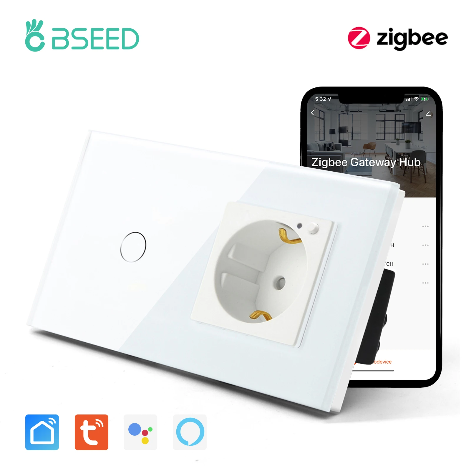 

Умный выключатель BSEED Zigbee, выключатель света с розеткой 1/2/3 клавиши, Wi-Fi, работает с приложением Smart Life Google Home Alexa