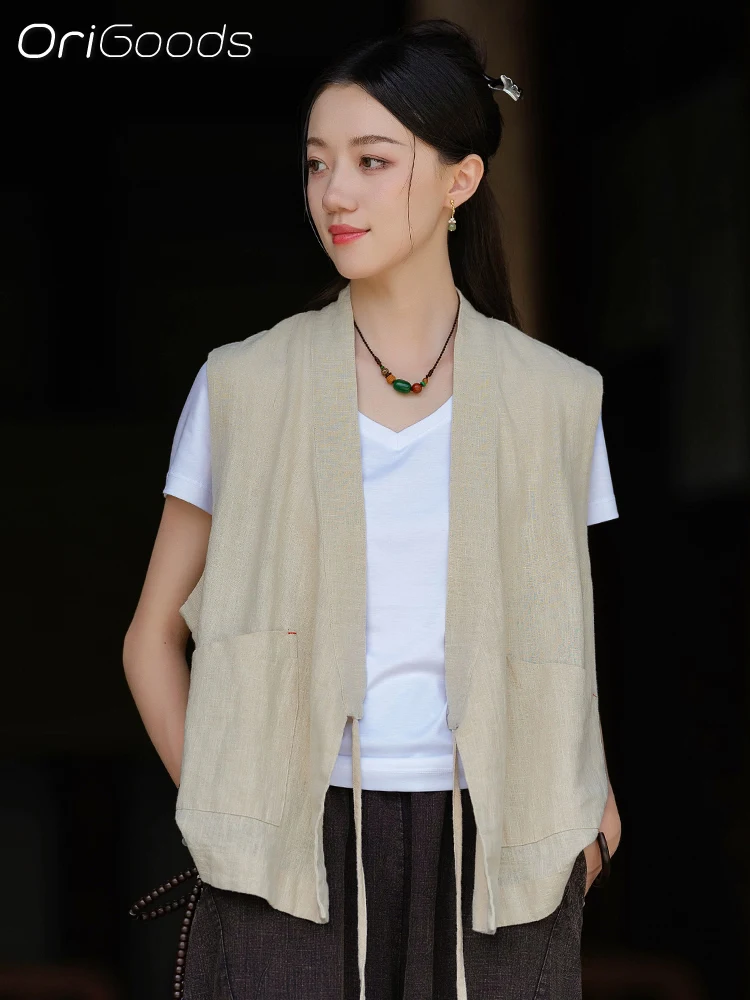OriGoods Ramie жилет женский рубашка без рукавов в китайском стиле 2024 новый свободный
