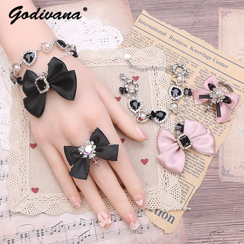 

Japanese Style Beaded Handmade Accessories for Women Sweet Cool Mine Series Pearl Heart Rhinestone Bow Chain Bracelet for Girls