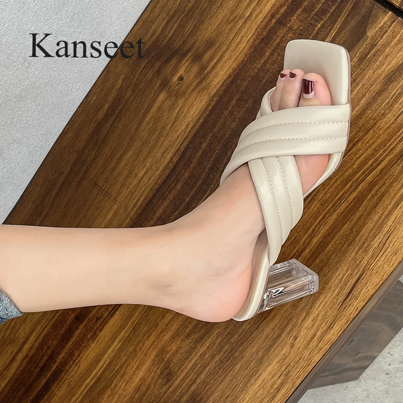 

Тапочки Kanseet женские на высоком каблуке, лето 2022, Новое поступление, квадратный носок, лаконичные, ручная работа, прозрачные каблуки, женская...