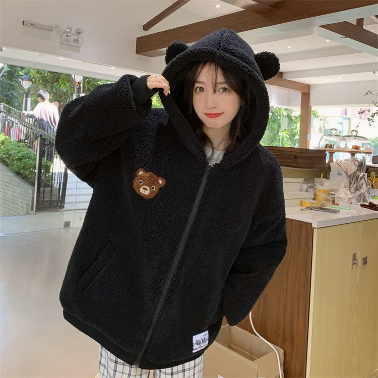 Faux Lamb Wool Coat Female Lamb Cashmere Hooded Sweater Cute Girl Autumn  Winter Clothing Thickened Warm Long Sleeved Clothes
