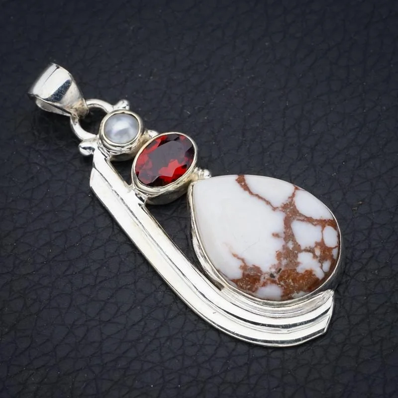 

StarGems Penut Wood Jasper Garnet And River PearlHandmade 925 Sterling Silver Pendant 2" F4911