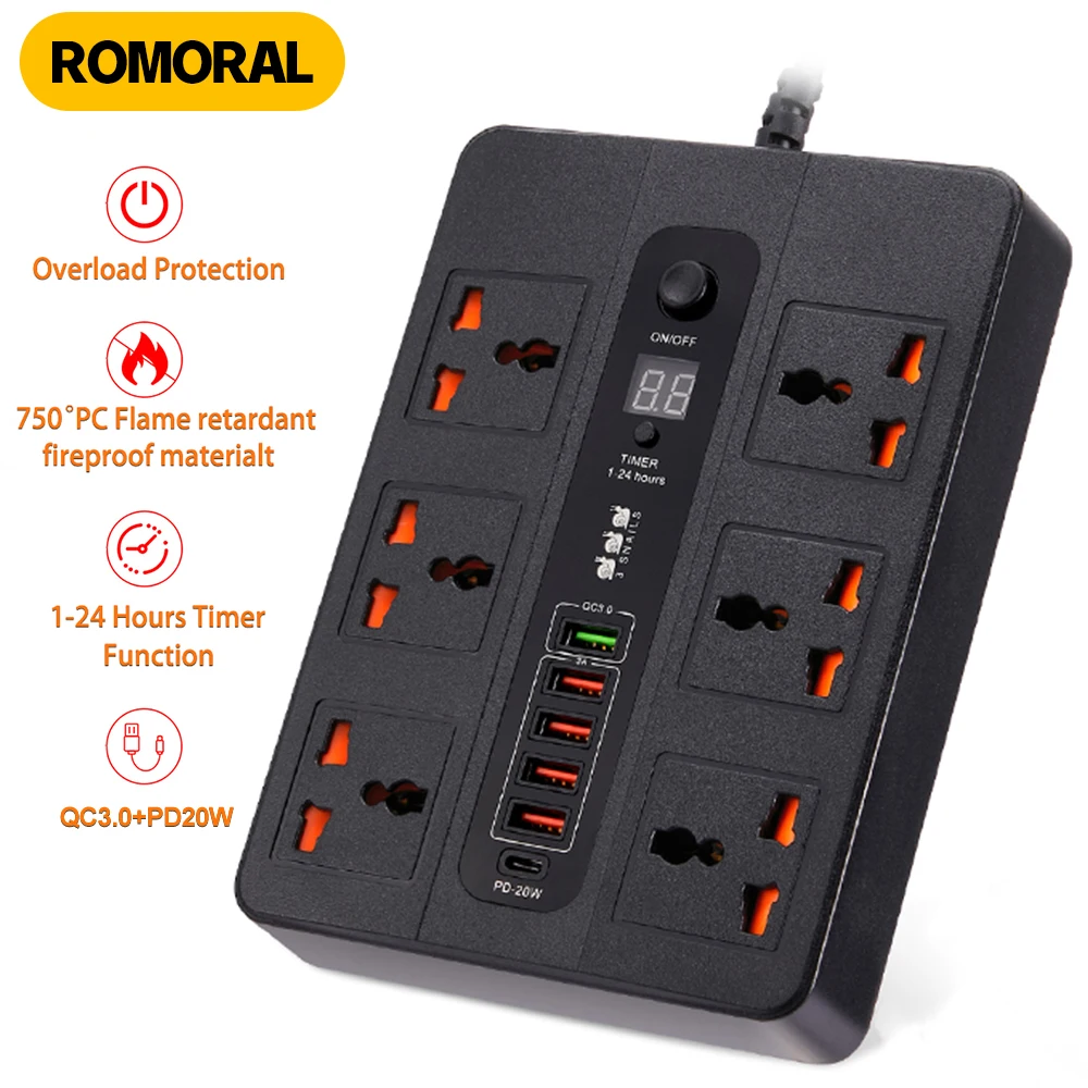 

Удлинитель электрический с 6 розетками, 3000 Вт, PD20W QC3.0, 6 USB-портов