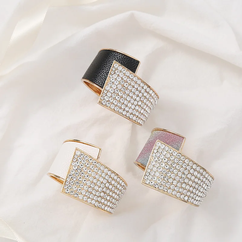 

Korean fashion personality geometric metal leather leather diamond spring wide open bracelet trendy party accessories