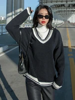 letter embroidery striped trim drop shoulder cricket sweater