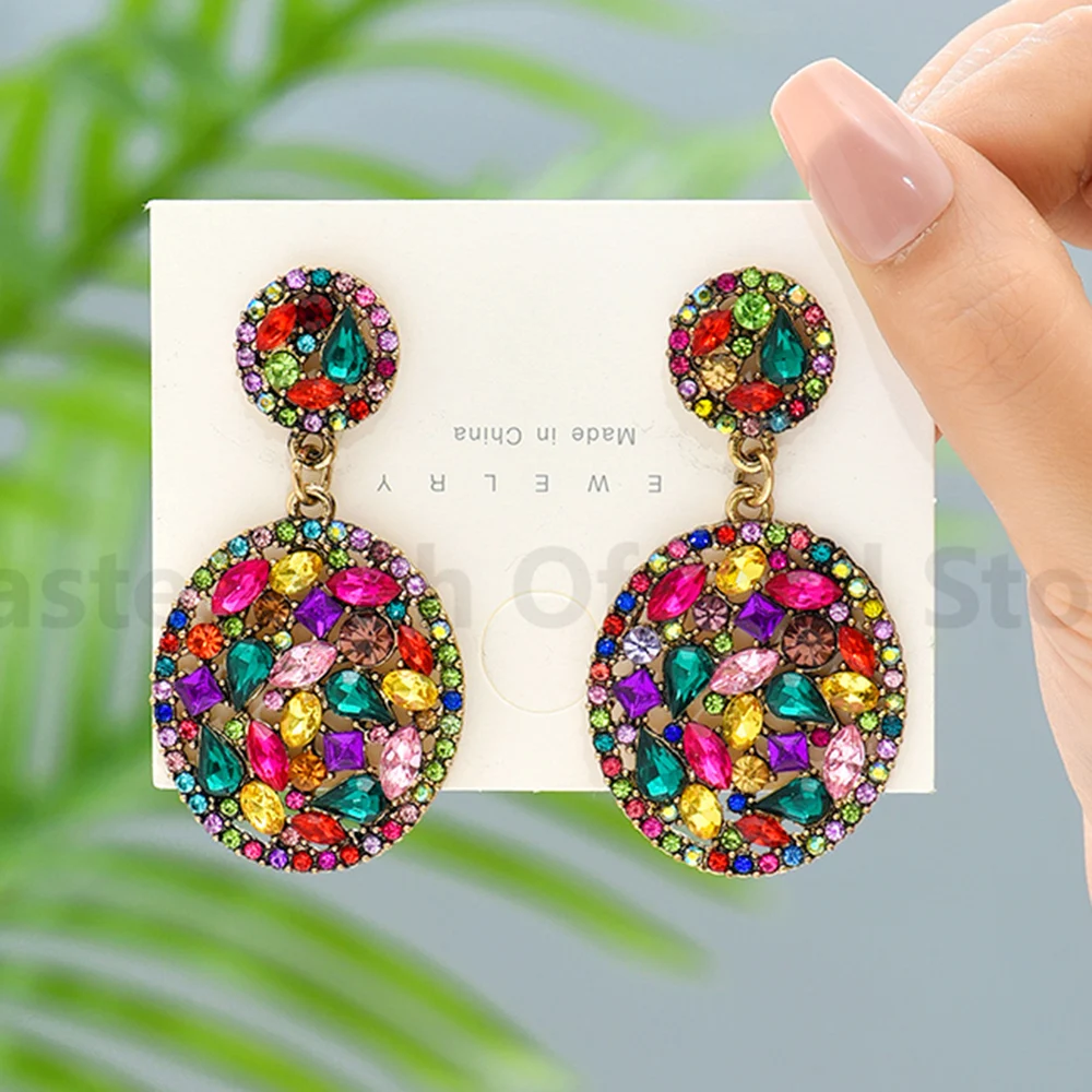 

Bohemian Colorful Rhinestone Double Round Teardrop Dangle Earring Trendy Luxury Brand Charm Drop Earrings Pendant Party Jewelry