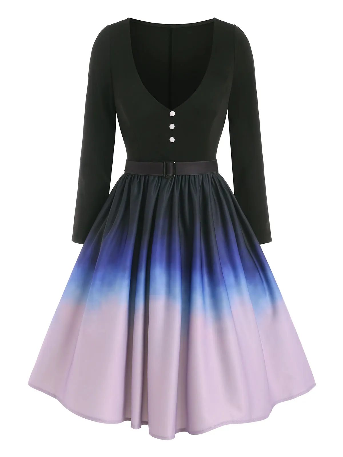 

Mock Button Ombre Belted Dress Long Sleeve Plunging Dresses
