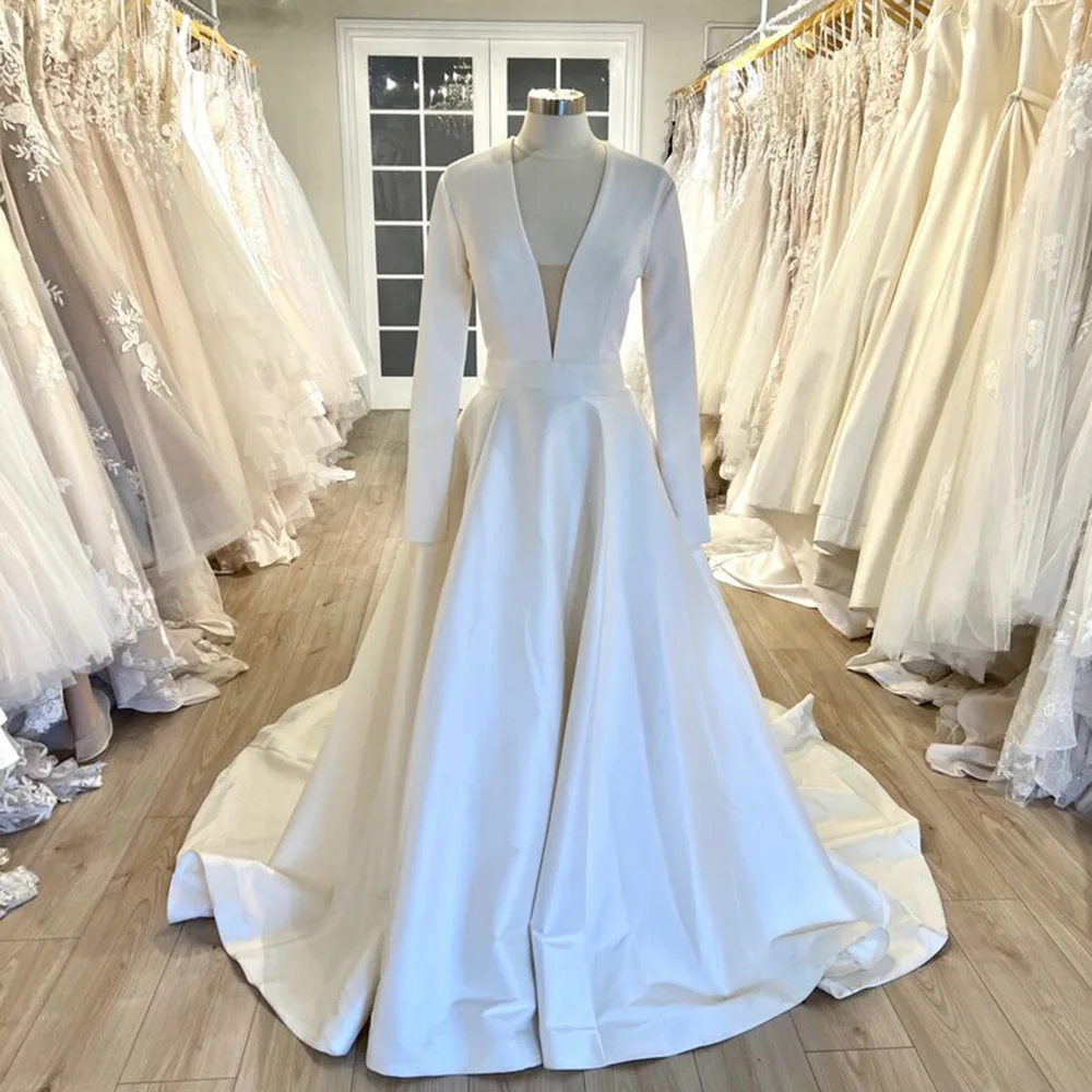 

Fashion Long Sleeves Wedding Dress White Satin V Nevk Vestidos De Novia See Through Back Button A Line Party Bridal Gown