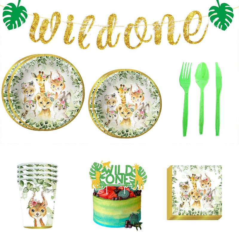 

Forest Wild One Woodland Animals Disposable Tableware Jungle Safari Napkin Plate Happy One 1st Birthday Party Decor Babyshower