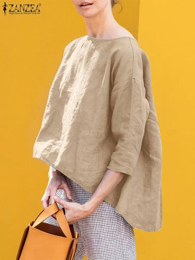 

Женская офисная рубашка ZANZEA, осенняя хлопковая однотонная блузка с рукавом 3/4, Женская винтажная элегантная Свободная блузка, свободные топ...