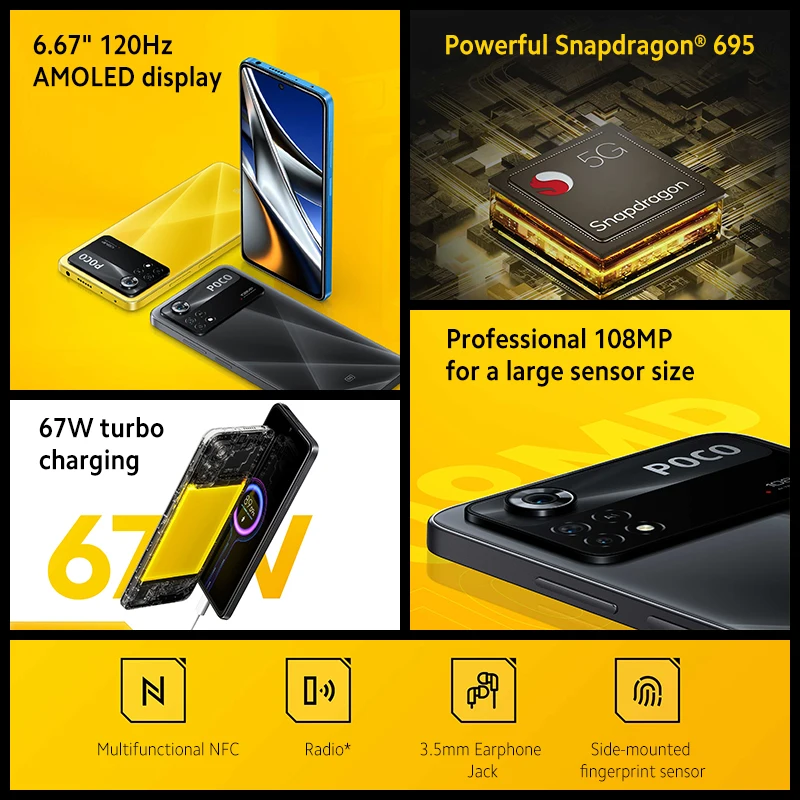 Najtaniej POCO X4 Pro 5G 128GB/256GB Globalna Wersja Smartphone 108MP Kamera 120Hz AMOLED DotDisplay 67W Turbo ładowanie NFC Snapdragon 695