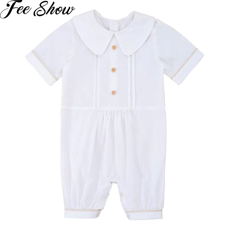 

Baby Boys Batism Clothing Toddler Baby Short Sleeve Romper Turndown Collar White Color Jumpsuit Summer Boys Christening Romper