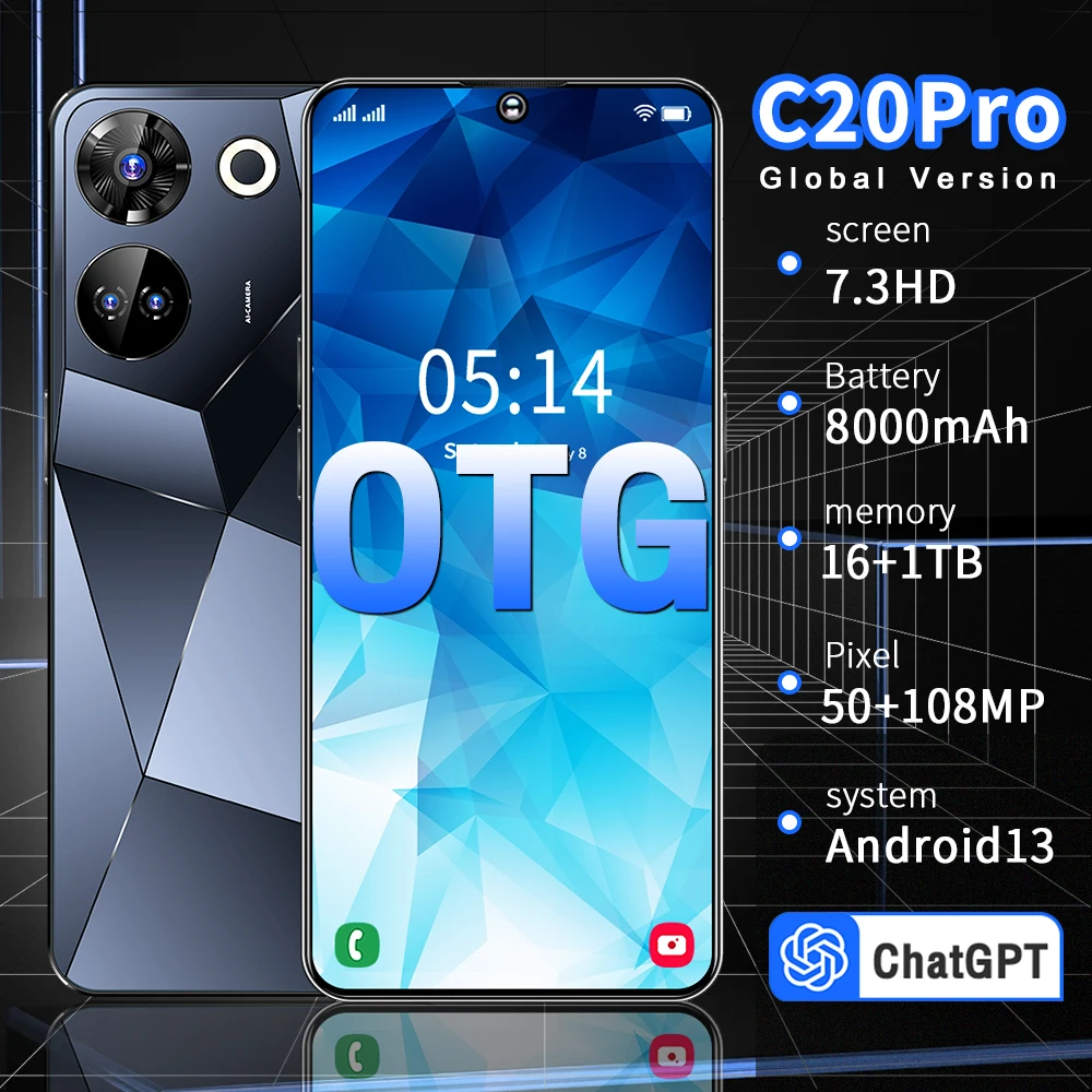 

Brand Global C20 Pro 7.3inch 5G Smartphone 16GB+1TB 108MP Camera 8000MaH Android13 Dual Sim Card NFC Original Mobile Phone