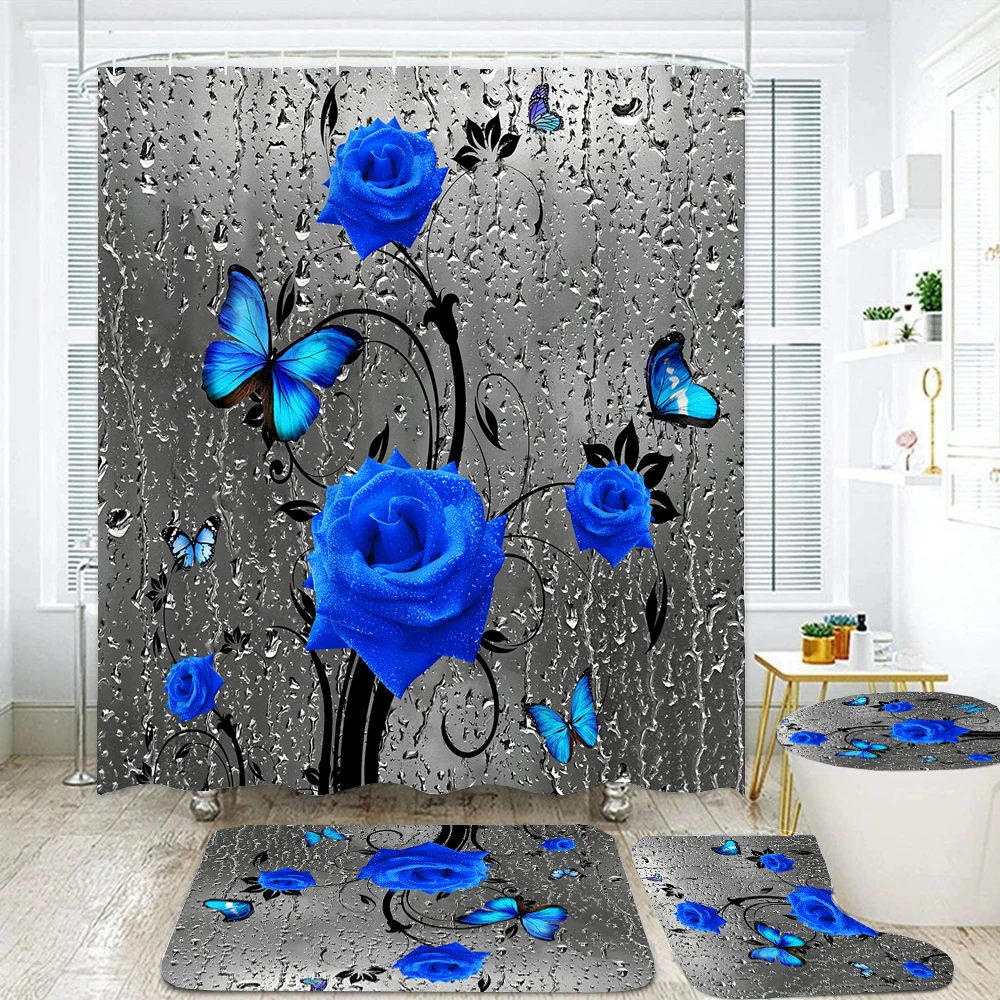 

Art Flower Butterfly Blue Rose Print Shower Curtain Set Bathroom Screen Anti-slip Toilet Lid Cover Carpet Rug Kitchen Home Decor