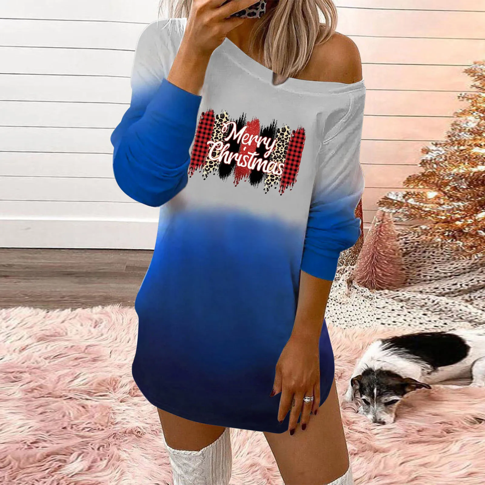 Womens Fashion Christmas Print Round Neck Off Shoulder Long Sleeve Pullover Long Top Gradient Women Distressed Sweater Dress