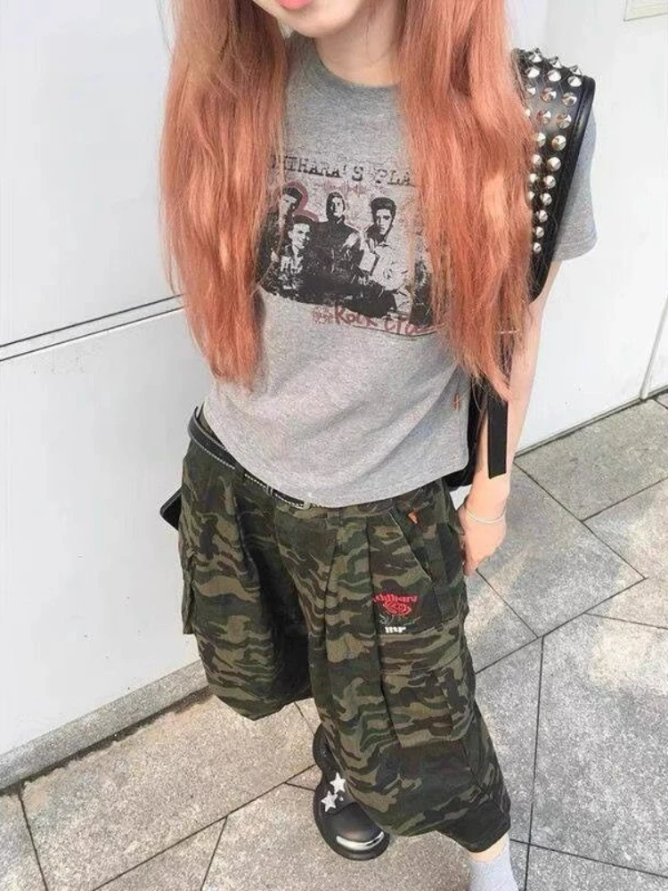 Deeptown Y2k Женские футболки с принтом серой полосы в стиле гранж 2000-х годов короткими