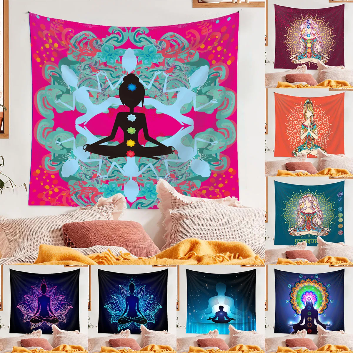 

Indian Buddha Statue Meditation Chakra Tapestry Wall Hanging Mandala Tapestries Hippie Psychedelic Yoga Tapestry Home Decor