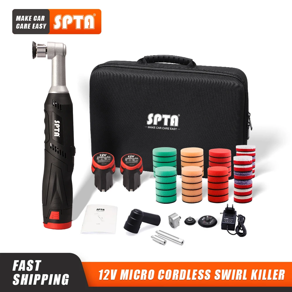 SPTA 12V Cordless Mini Car Polisher Machine Scratches Killer Detailing RO/DA Tools with Sponge Pads Kit Accessories