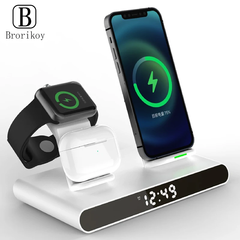

Беспроводное зарядное устройство 3 в 1, док-станция для быстрой зарядки с отображением времени для iPhone13 AirPods iWatch7 6 5, беспроводная зарядная по...