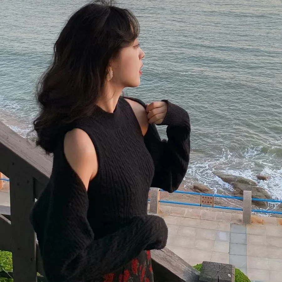

2 Piece Sets Half High Collar Sleeveless Knitted Vest Long Sleeve Cardigan Fashion Y2k Suit Vintage Women's Clothes Autumn 2022