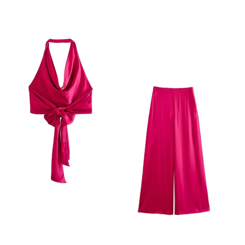 

Женский Атласный Костюм с лямкой на шее, пикантный розовый костюм с короткими майками и прямыми брюками с завышенной талией, комплект с укороченной майкой и открытой спиной, лето 2023