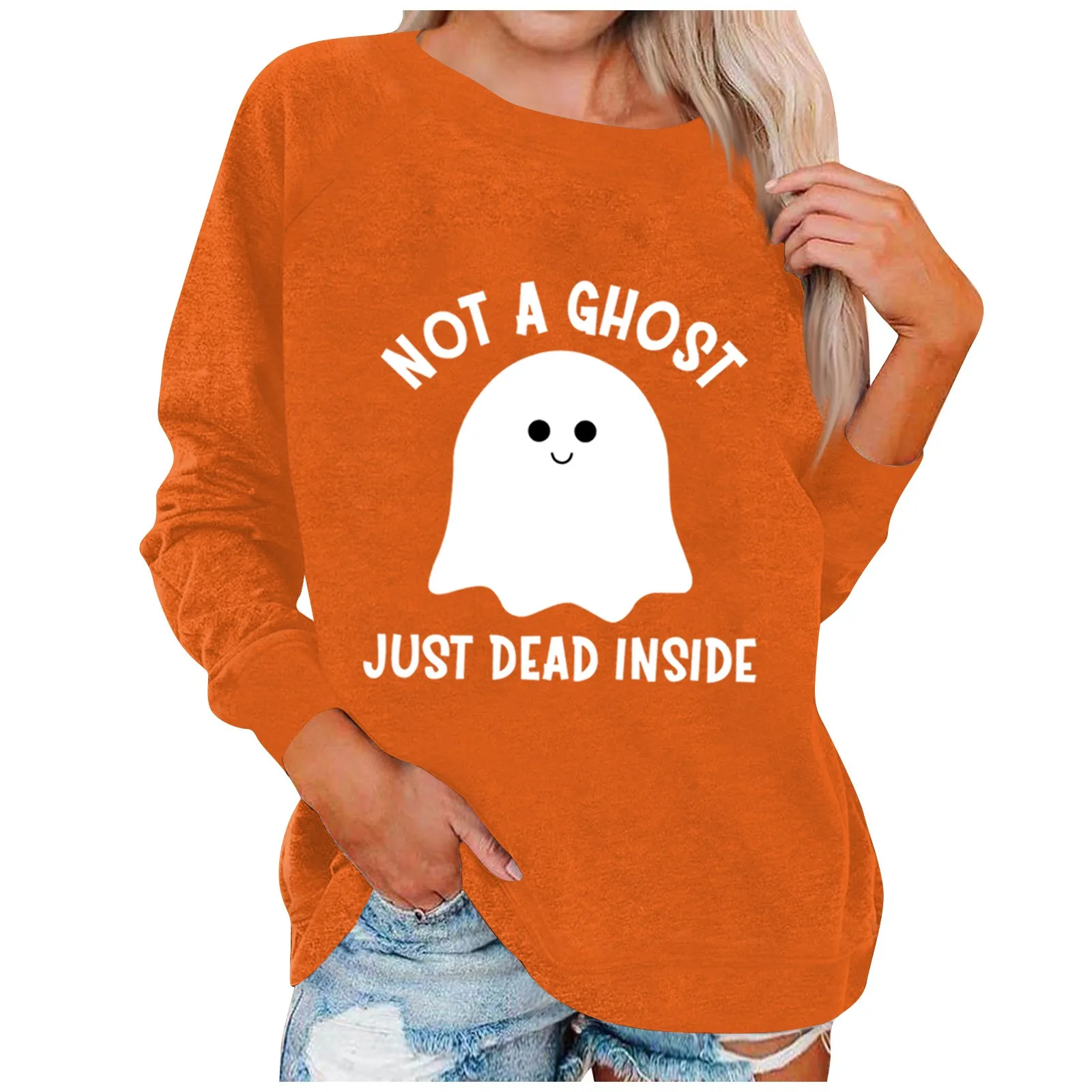 

Свитшот на Хэллоуин, женские пуловеры с круглым вырезом, смешные осенние свободные топы на Хэллоуин, женские свитшоты с мультяшным принтом призраков