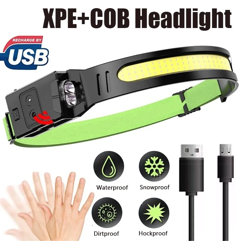 

COB LED Induction Headlamp USB Charging Headlight Tri-light Source 6 Lighting Modes Super Bright Flashlight for Fishing Cycling