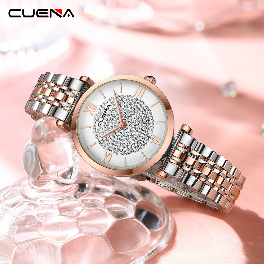 

Часы CUENA женские кварцевые, модные роскошные наручные, с кристаллами, цвета розового золота, аналоговые, с платьем