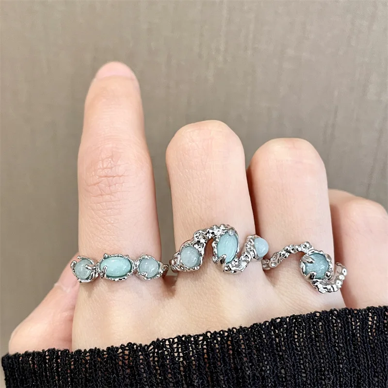 National Tide Style Niche Design Crystal Open Ring New Chinese Style Retro Artificial Jade Ring Silver Texture Ring Jewelry