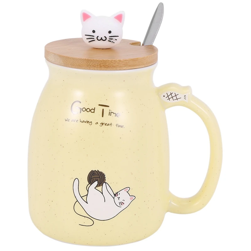 

New Sesame Cat Heat-Resistant Cup Color Cartoon With Lid Cup Kitten Milk Coffee Ceramic Mug Children Cup Office Gifts