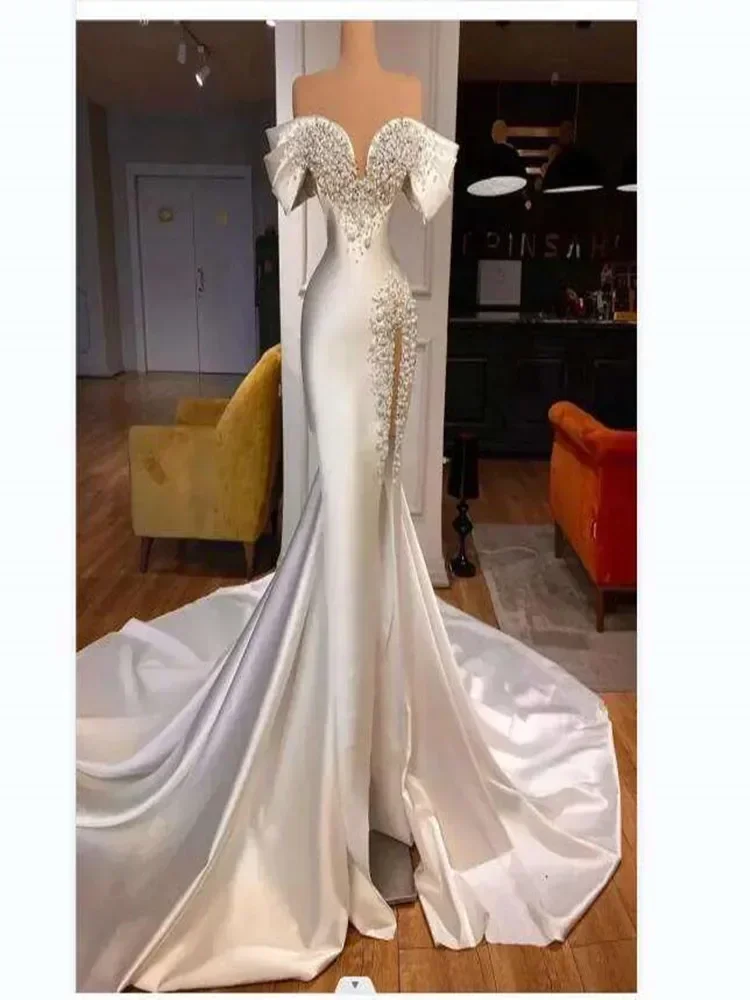 Свадебное платье с открытыми плечами Vestido De Novia Heay со стразами и бисером, атласное свадебное платье с часовней и шлейфом в форме сердца (art.: 3920d23a216c2) - 3920d23a216c2