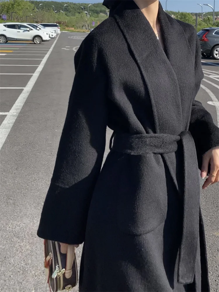 Высококачественное длинное двустороннее кашемировое шерстяное пальто женское