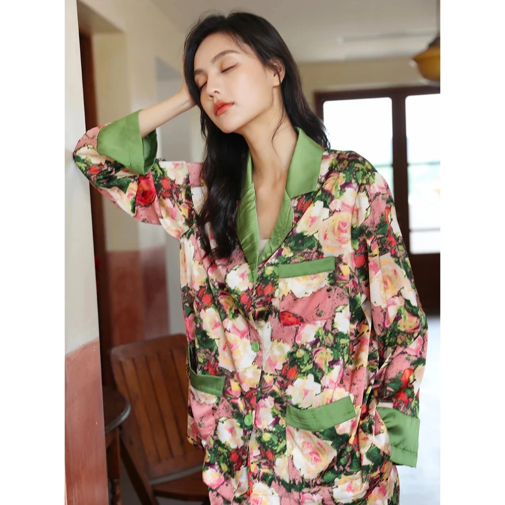 Women's Pajamas Set Floral Printed Silk Satin Loungewear Sleepwear for Women Temperament Pocket 2Pcs Long Sleeves Home Wear