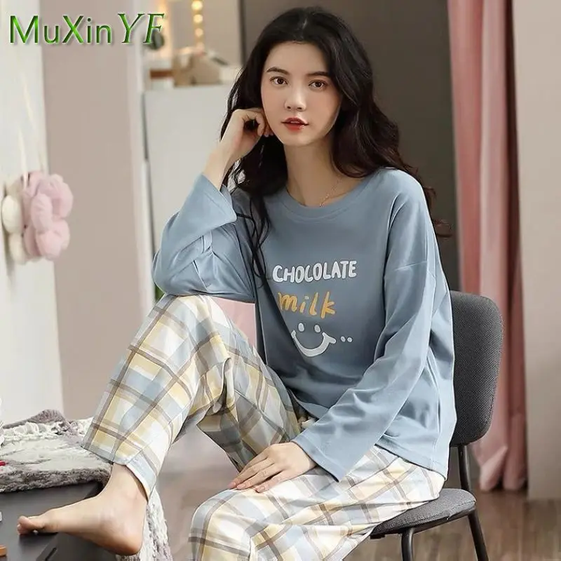 2022 Spring Fall New Cartoon Pajamas Women's Cute Pijamas trousers Two piece Korean Casual Sleepwear Loose Home Clothes Suit