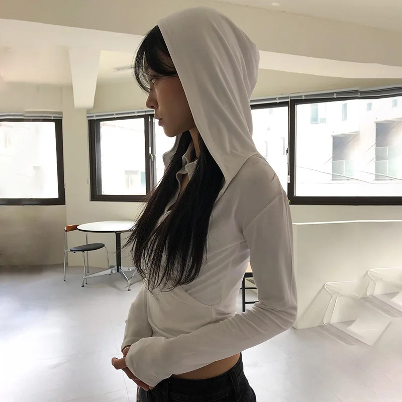

Harajuku Solid Color Hooded T-shirt Korean Fashion Casual Women T Shirts Y2k Grunge Streetwear Slim V-neck Long Sleeve Crop Tops