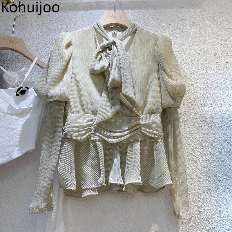 

Kohuijoo Spring 2023 Woman Blouse Puff Sleeve Loose Temperament Fold Long Sleeve Bow Chiffon Pullover Blouse for Women Apricot