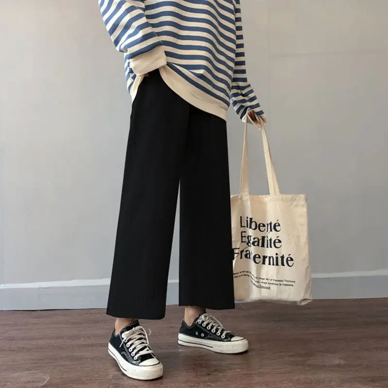 

Cusual Pants Women Spring Summer Ankle-length Loose Wide Leg Elastic High Waist Oversize Black Simple Comfortable Elegant Ladies