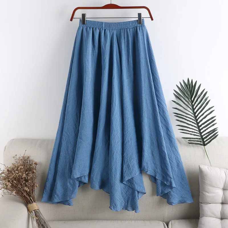 

Linen Skirt Women's Spring Summer 2020 New Women Midi Solid Color Wild Irregular Pleated Blue Black Big Swing Fishtail Skirt